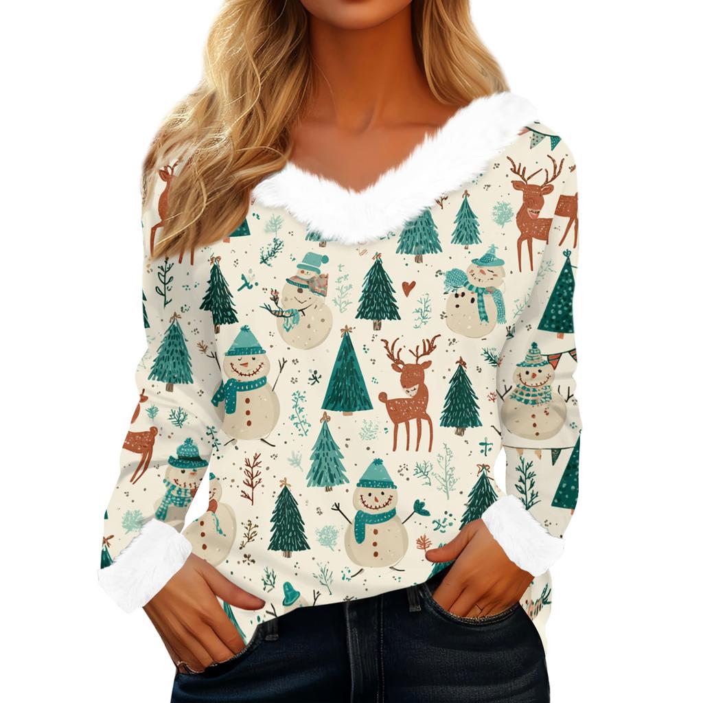Women's Casual Fashion Long Sleeve Christmas Printed Flannel Collar Top