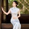 Blue Sleeveless Modern Chinese-Inspired Long Cheongsam Dress Women 2026 Stylish Retro Fit