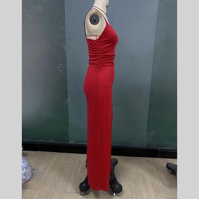 Women Evening Party Strap V Neck Satin Solid Color Package Hip High Split One Piece Dress