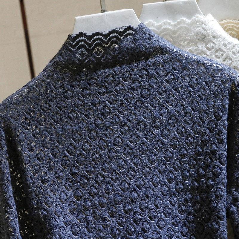 Tenká krajková košile s polovysokým výstřihem Krajka Spodní část Dámské Jarní Nový styl Topy s dlouhým rukávem