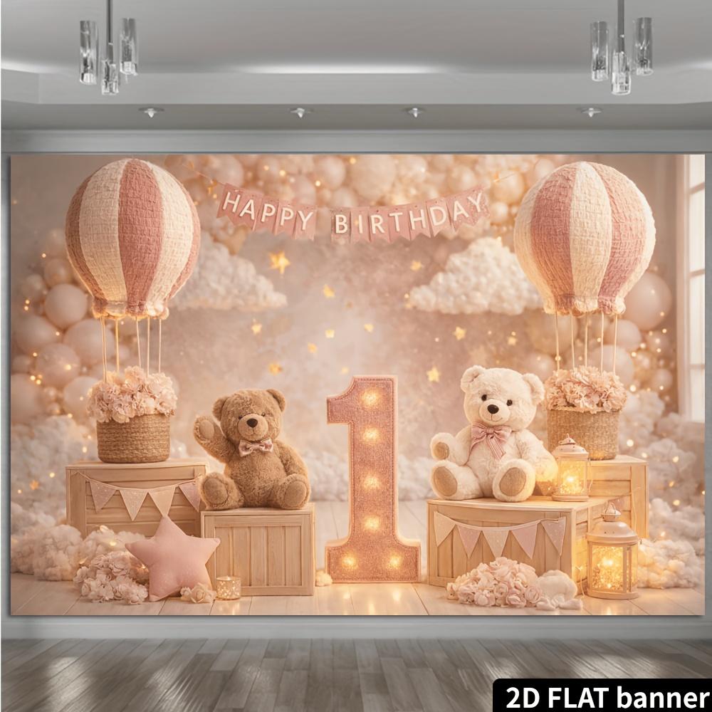2D Plane 1st Birthday Party Banner Background Fabric - Pink Hot Air Balloon Bear themeDJH