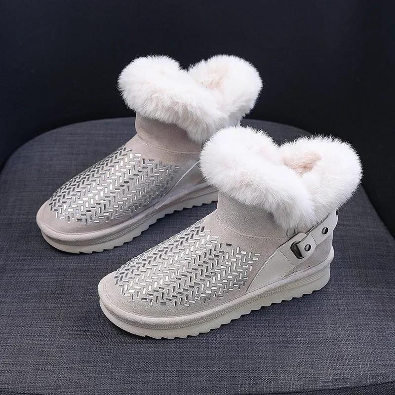 Fashion Rhinestone Women's Booties Snow Boots Elegant With Medium Heels High Quality Ankle Shoes for Woman Spring 2024 Protective Plush