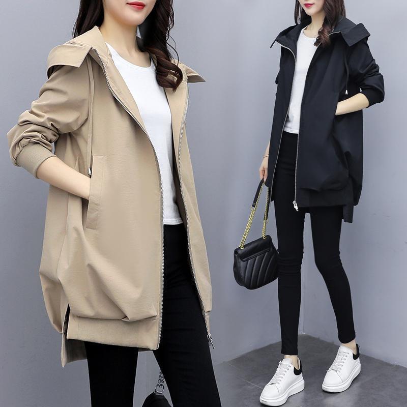 Khaki Loose Korean-Style Mid-Length Hooded Trench Coat for Women - Black Temperament Outerwear for Spring and Autumn