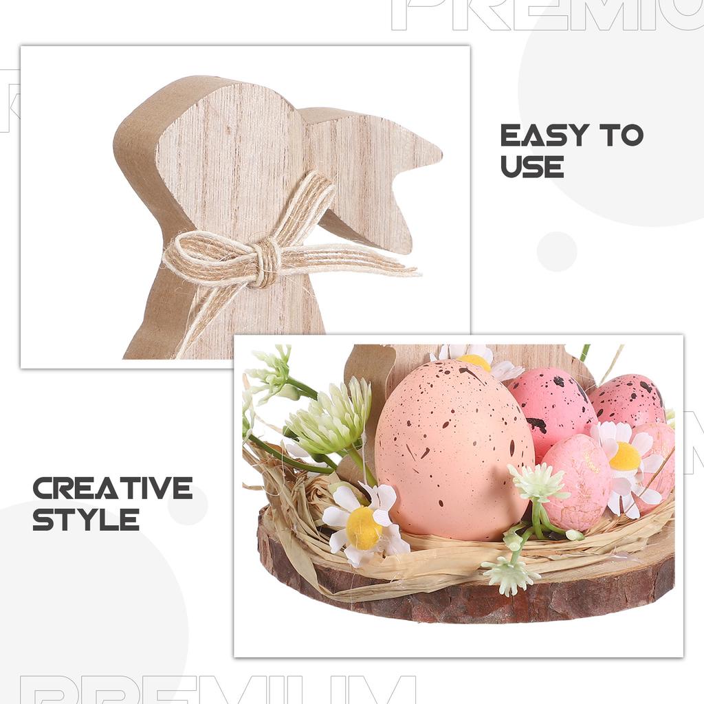 Vintage Wooden Easter Bunny Tabletop Centerpiece Farmhouse Spring Decor Egg Hugging Rabbit with Flowers for Dining Table Cabinet