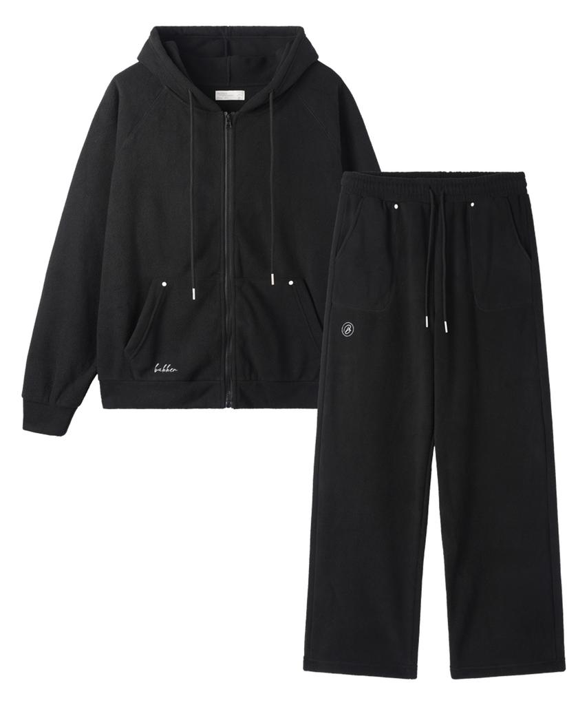 Bakken [Set] Back Lettering Fleece Zip-Up Hoodie & Wide Pants Set