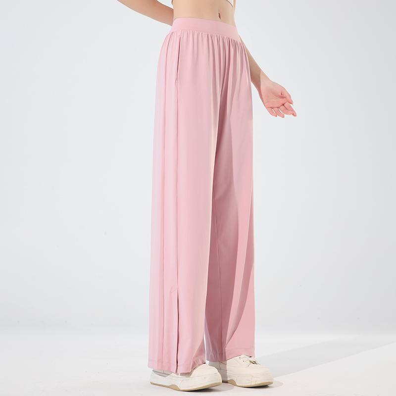 Ice Silk Women's New Summer Casual Pants Women's Thin Sports Breathable Slit Wide Leg Pants with Hanging Feeling
