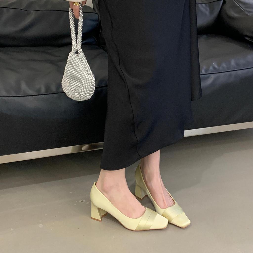 French satin square head thick heel high heels women's 2025 new champagne bridesmaid shoes fairy style temperament