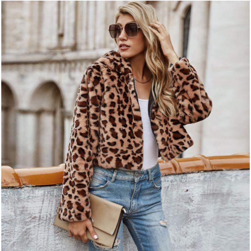 

Куртка из искусственного меха с леопардовым принтом Женская одежда Лацкан Плюшевая Свободная Приталенная Пальто из искусственного меха Leopard-Print Hooded XXXL