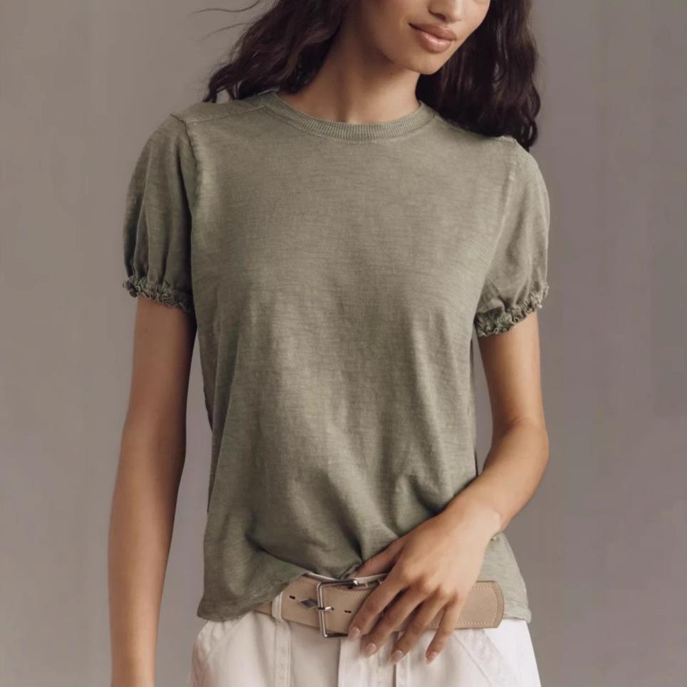 2026 Spring Women's Bubble Sleeve T-Shirt: Short-Sleeve, Solid Color, Round Neck, Skin-Friendly Design.