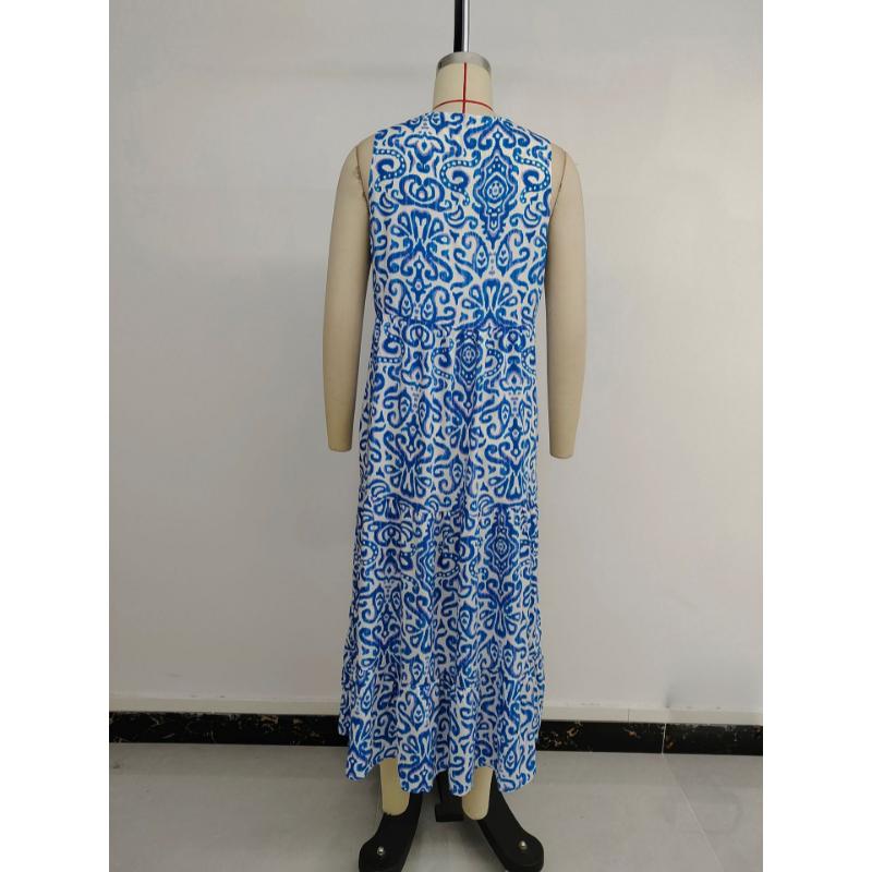 New Women's Abstract Print Sleeveless V-Neck Maxi Dress, Flowy Bohemian Long Dress for Summer Beach & Party