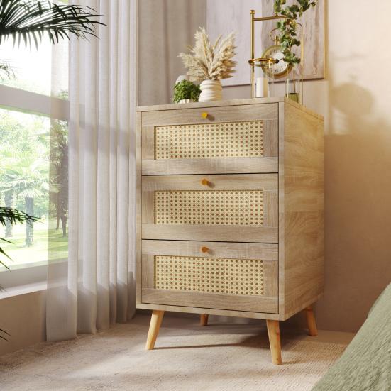 Solid Wood Legs Large Capacity Drawer Cabinet Bedroom Nightstand Sideboard with 3 Drawers