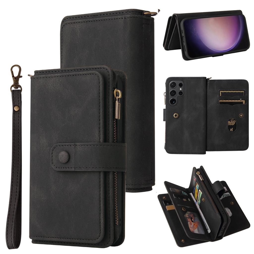 For Samsung Galaxy S24 Ultra Zipper Wallet Case with 15 Card Slots and Strap Leather Phone Cover