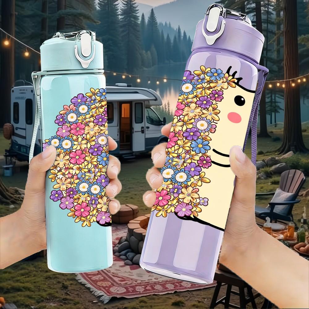 1PC Cute Hedgehog Pastel Cartoon Print 750ml Color Plastic Sports Water Bottle Leakproof Flip Straw Lid Suitable for Sports Office Home Use