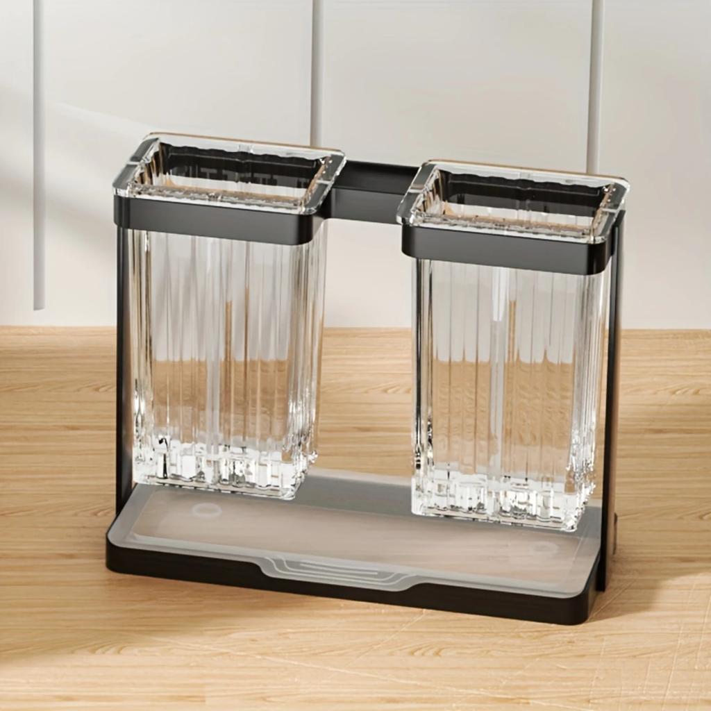1pc Multifunctional Toothbrush Holder - Iron and Transparent Plastic Box with 2 Slots for Toothbrushes - Bathroom Organizer an