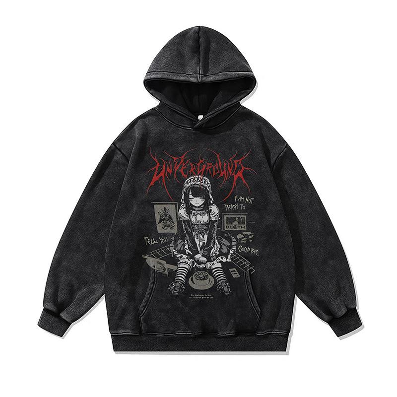 Dark Two-Dimensional Cartoon Digital Direct Injection Printing Hooded Sweater For Men And Women Washed And Old Hoodie