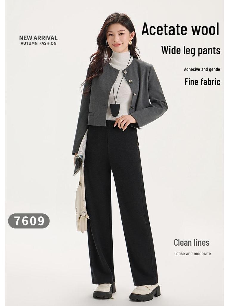 Women's High Waist White Wool-Blend Fleece Pants - Slimming, Versatile, Straight/Wide Leg Winter Casuals.