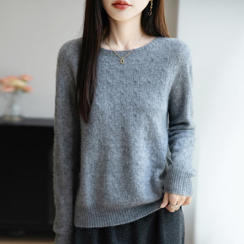 Damen Lässiger Locker Gestrickter Pullover mit Rundhalsausschnitt und Langen Ärmeln
