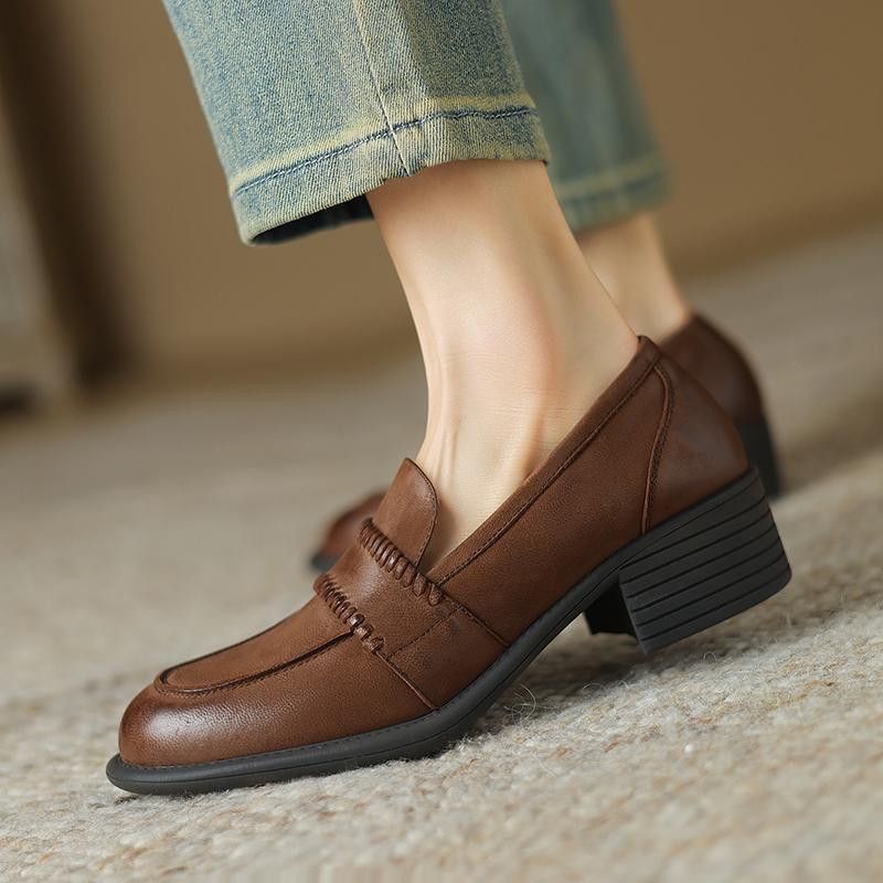 Fashion Retro Mid Heels Women Pumps Genuine Leather High Quality Shoes Woman 2025 Spring Summer Concise Casual Working Pumps Loafers