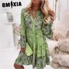 GMXIA Women Fashion Bohemian Floral Print V Neck Mini Dresses Casual Loose Elegant Ladies Beach Party Flare Sleeve Dress