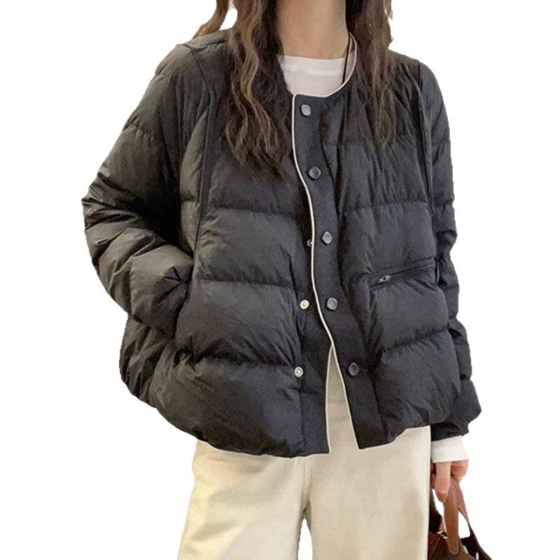 Women's Elegant White Duck Down Puffer Jacket - Single-Breasted, Loose, Slimming, Warm, Round Neck Design