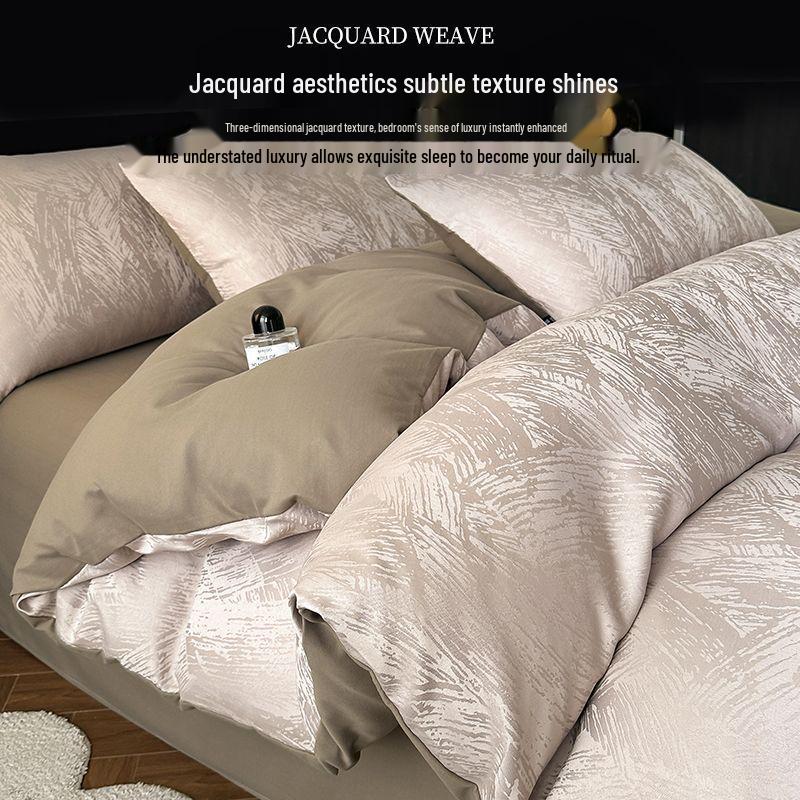 G5Z7 Antibacterial Anti-Mite Jacquard 4-Piece Bedding Set: Bed Sheet, Duvet Cover, Fitted Sheet for All Seasons.