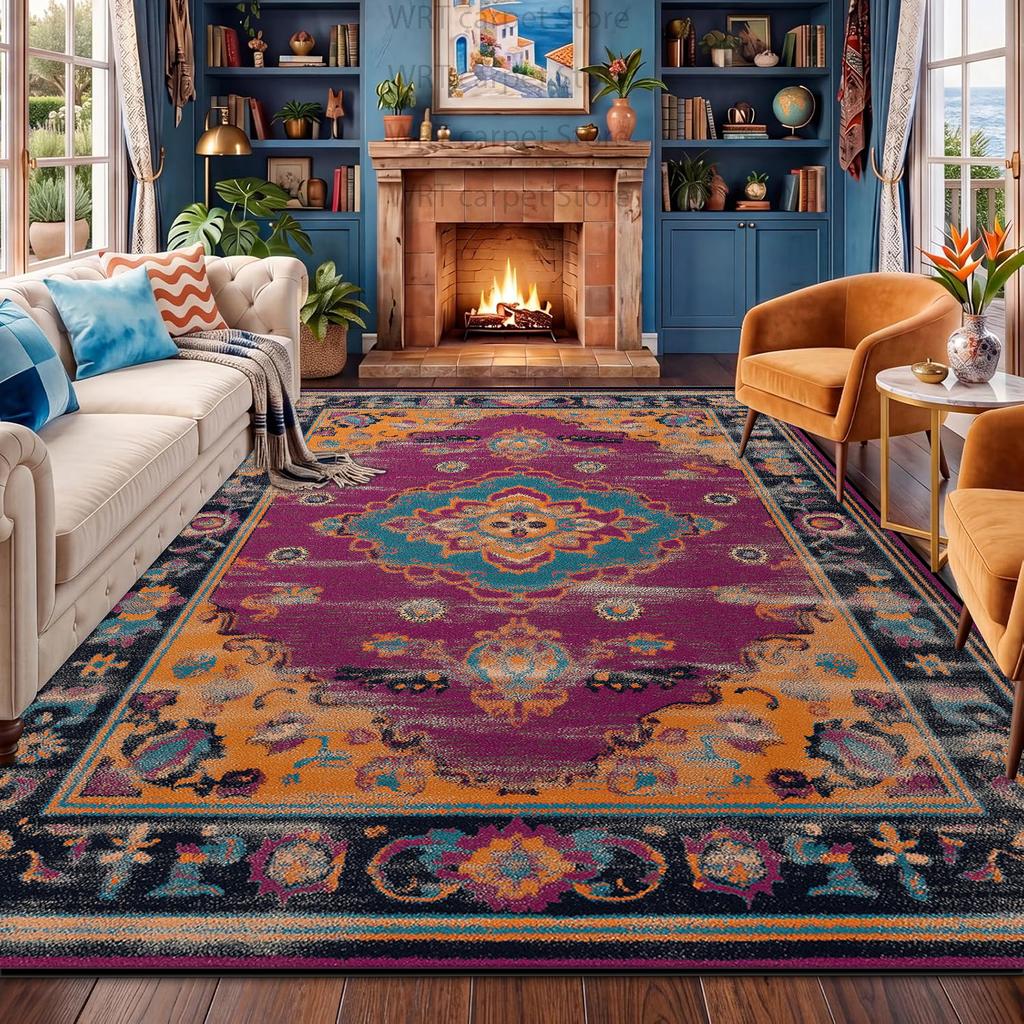 Persian-style Blue Living Room Carpet Retro Ethnic Non-slip Washable Bedroom Decoration Rug Home Dining Room Area Plush Foot Mat