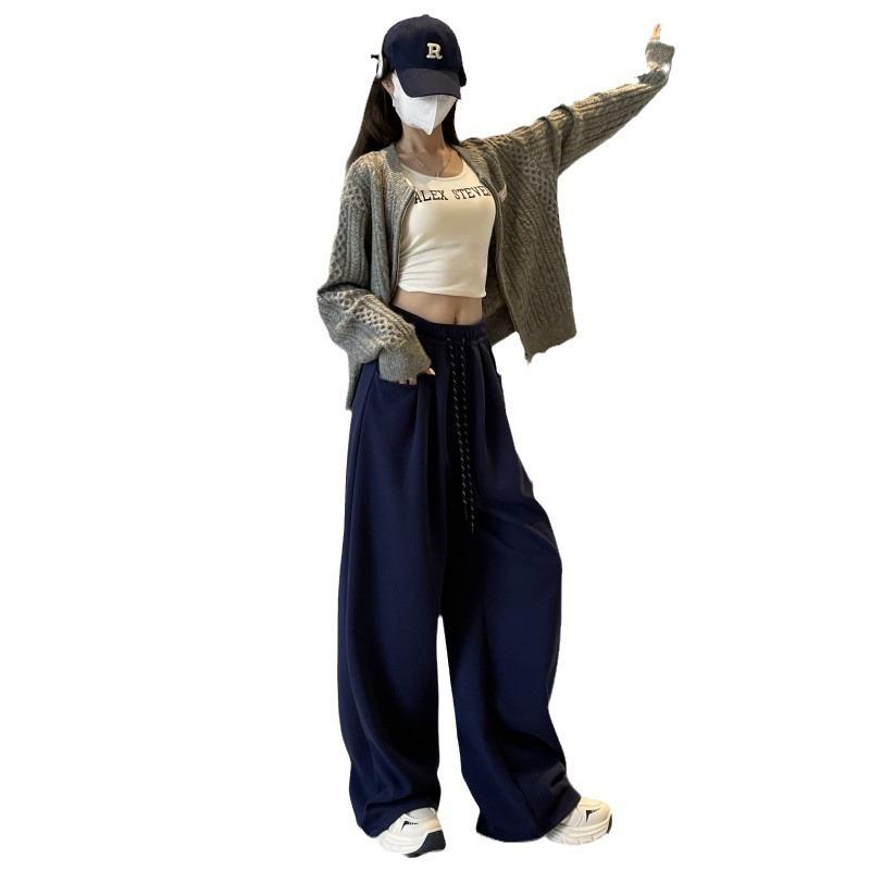 Navy Blue Wide-leg Pants Women's Spring and Autumn New High Waist Drape and Thin Loose Straight Sweatpants Casual Sports Trousers