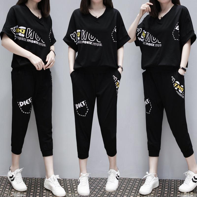 

FashionSummer женский спортивный костюм из двух частей, повседневная свободная одежда, футболка с коротким рукавом и V-образным вырезом, а также брюки, спортивный костюм M чёрный