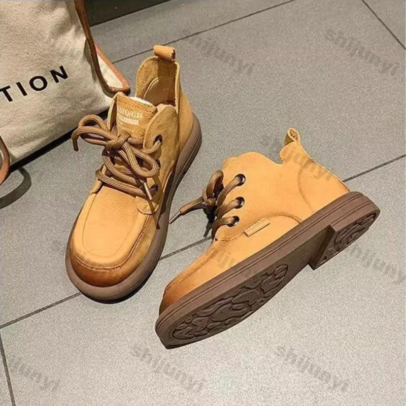Fashion Womens Vintage Ankle Boots Brown Faux Suede Lace Up Flat Booties Woman Autumn New Fashion Solid Color Casual Short Botas Mujer