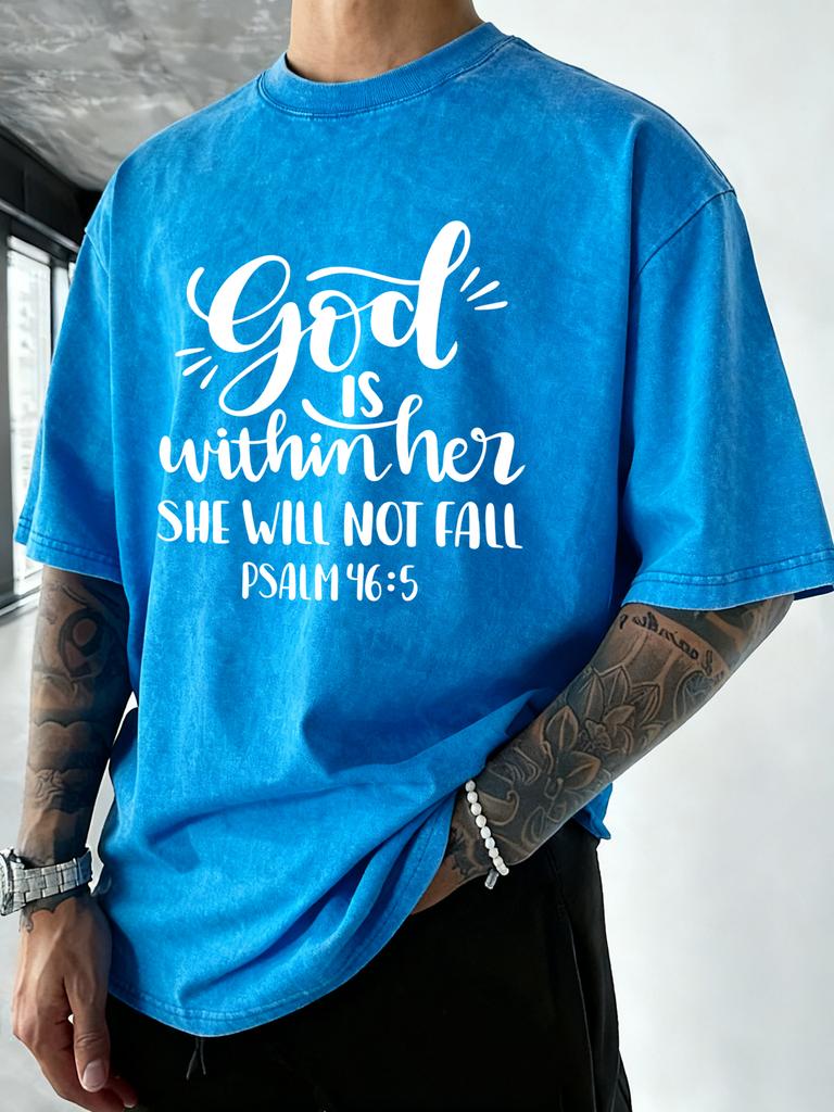 God Is Within Her She Well Not Fall Print Washed TShirt Men Loose Cotton T Shirts Soft ONeck Clothes Beach Vacation Streetwear