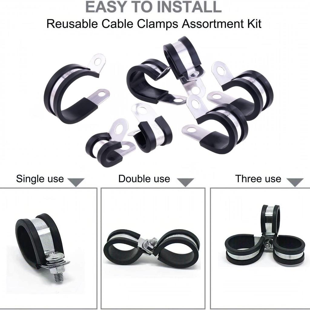 68PCS 304 Stainless Steel Rubber Lined P-Clip Cable Clamps 8 Sizes R-Type Cushioned Pipe Hose Tube Wire Management Kit with Box