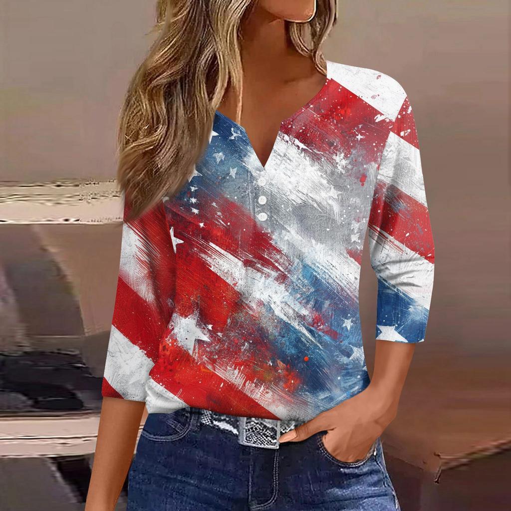 Women's T Shirt Independence Day Print Button 3/4 Sleeve Daily Weekend Fashion Basic V- Neck Regular Top