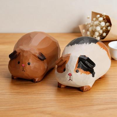 Hand Carved Decorative Wooden Guinea Pig Figurine Sculpture Cute Cavy Statue Ornament Shelf Home Desk Office Pet Decor Gift
