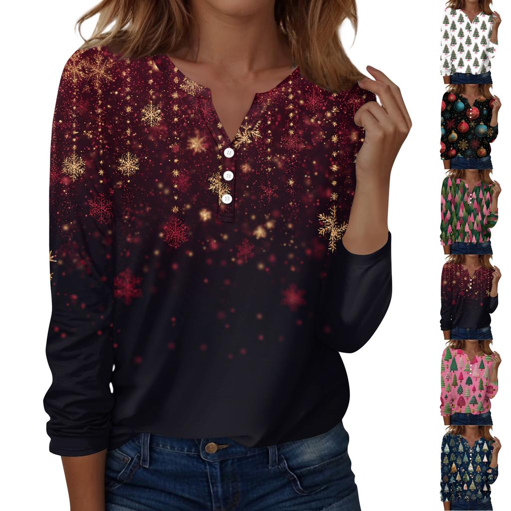 Women's Fashion Casual H Printed V-Neck Long Sleeve Decorative Button T-Shirt Tops