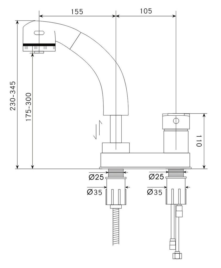 Bathroom sink mixer shower deck mounted single stream and shower mounting hole diameter KFPOY004 faucet, tap, faucet, (2 holes), lever, pull-out hose,