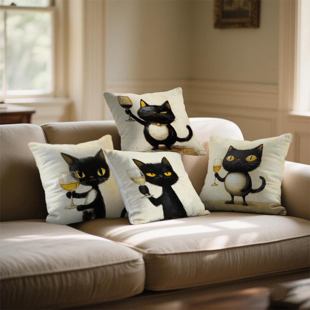 Cute Black Cat With Wine Glass Throw Pillow Covers, Whimsical Cat & Wine Print Cushion Cases, Playful Bar Home Decor For Bedroom