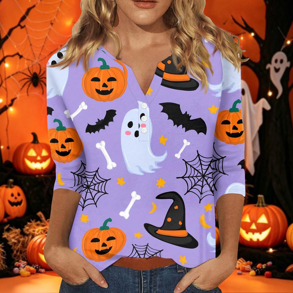 Women's Halloween Print V-Neck 3/4 Sleeve T-Shirt with Decorative Buttons Casual Top