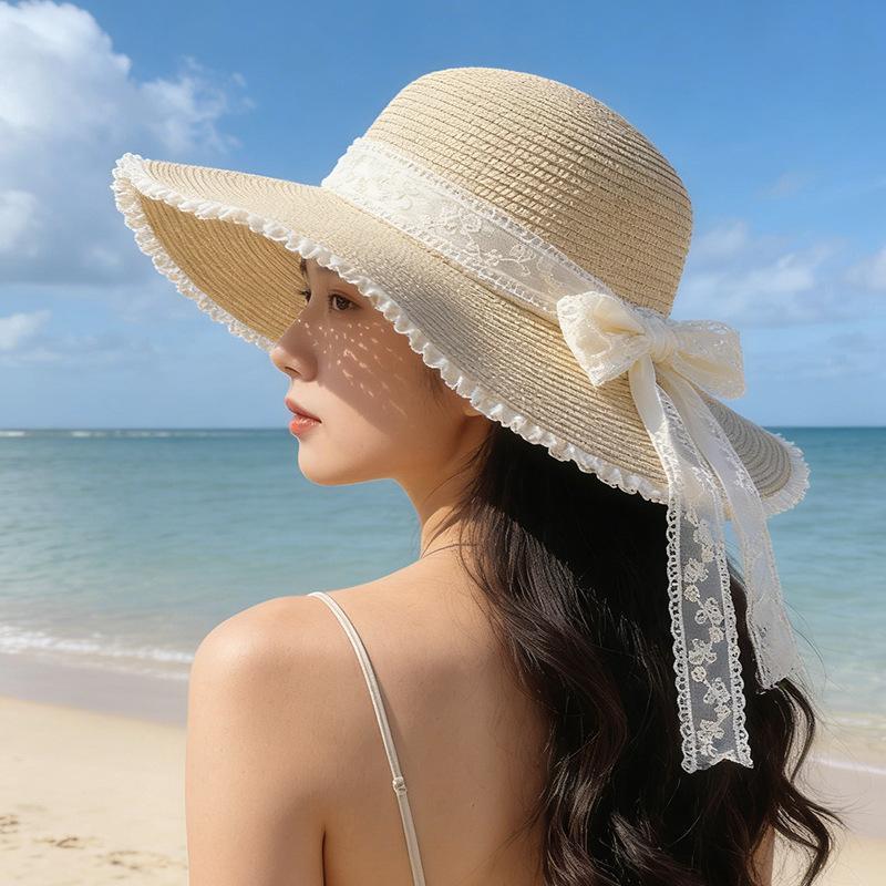 Damen-Strohhut mit Spitzen-Schleife, Sommer-Strandurlaub, Sonnenhut mit UV-Schutz