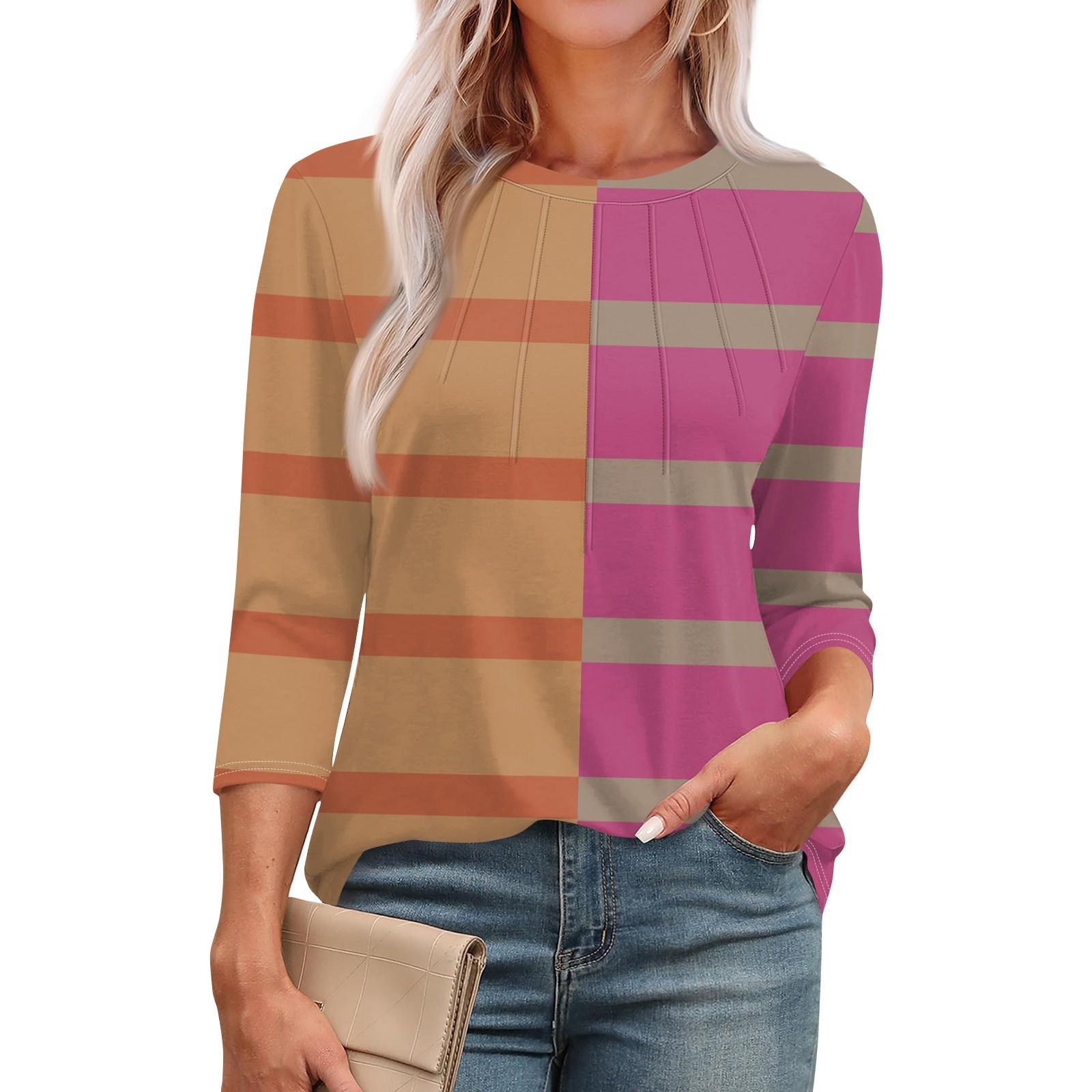 

Женская модная повседневная футболка с круглым вырезом и рукавом семь четвертей в полоску с принтом и плиссировкой S