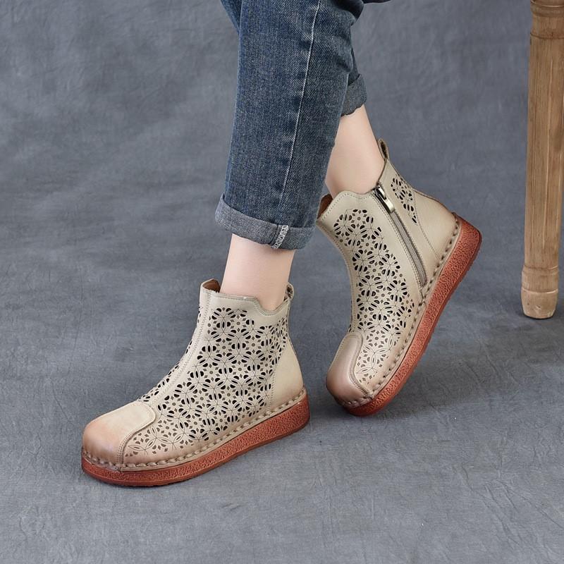 Johnature Ethnic Style Retro Soft Soled Hollow Out Boots Versatile Genuine Leather Flat Women's Sandals