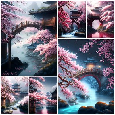 Japanische Kirschblüten 5D DIY Diamant Malerei Wasserfall Tempel Landschaft voller Diamant Mosaik Stickerei Kreuzstich