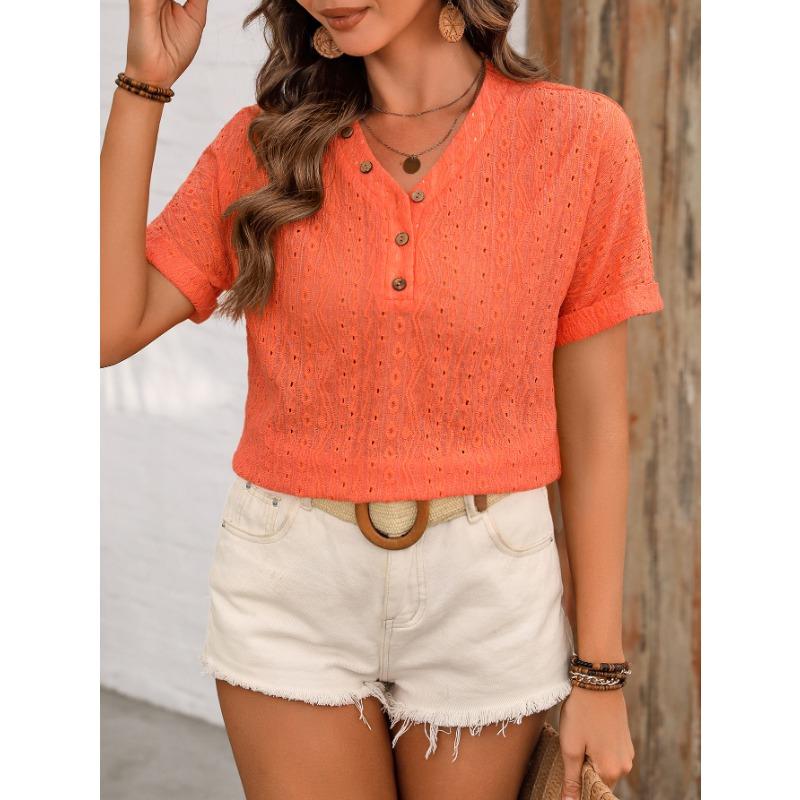 Summer Women's Plus Size Broken Crochet Hollow Decorative Button V-Neck Short Sleeve T-Shirt Top