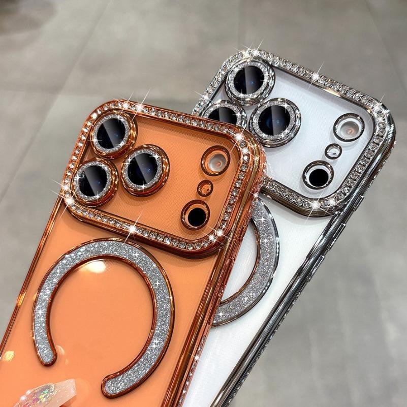 For iPhone Air 17 Pro Max Luxury Girl's Case Bling Diamond Lens Film for Magsafe Cover Case for iPhone 16 15 14 13 12 11 Pro Max