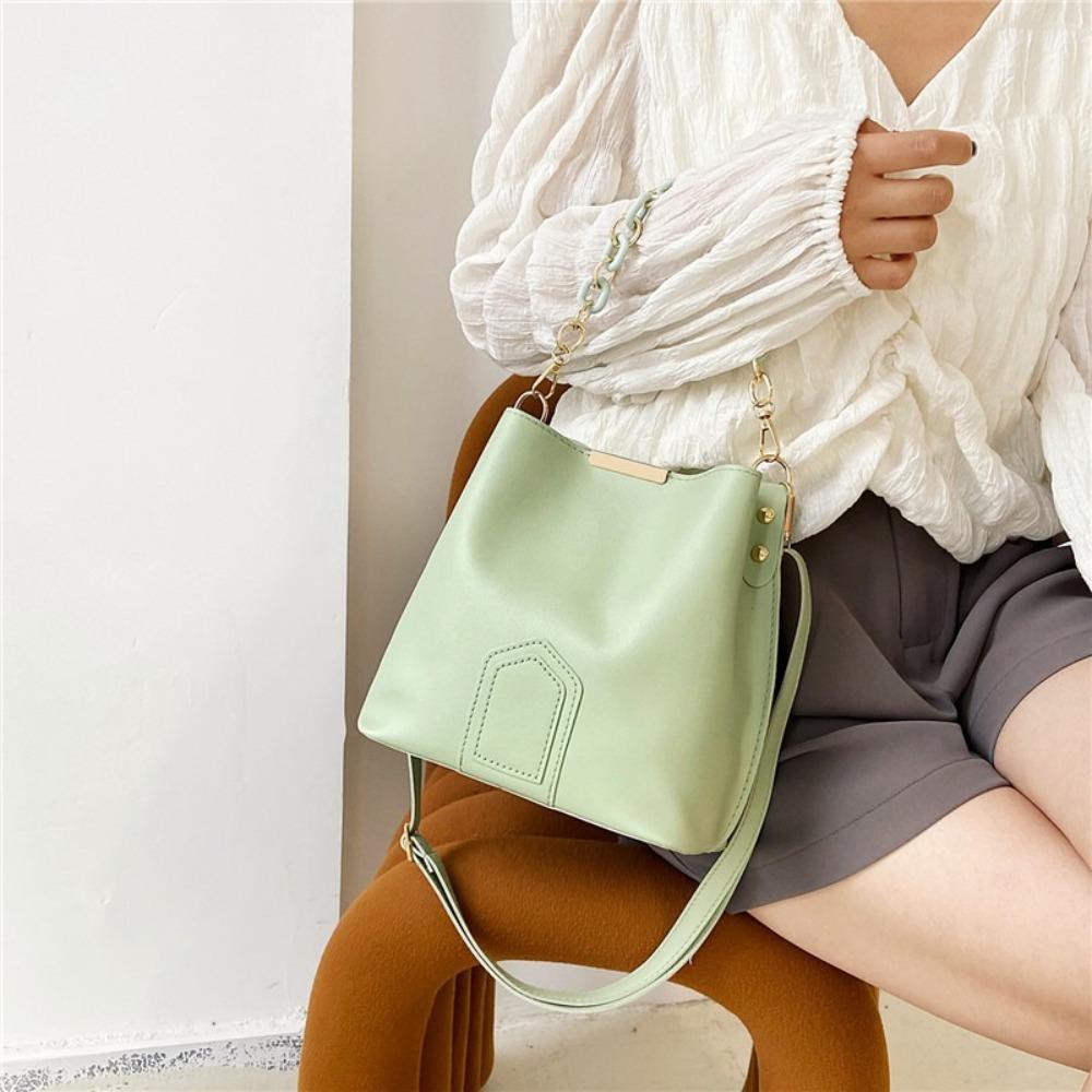 Single Shoulder PU Leather Handbag Soild Color Chain Crossbody Bag Retro Women Bucket Bag  Shopping