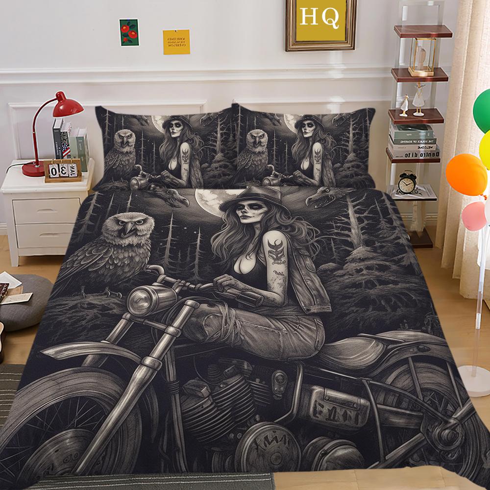 Bettwäsche-Set mit 3D-Schönheits-Schädel-Druck, volle Größe, Polyester-Bettbezug-Set, hochwertiges Schlafzimmer-Dekor