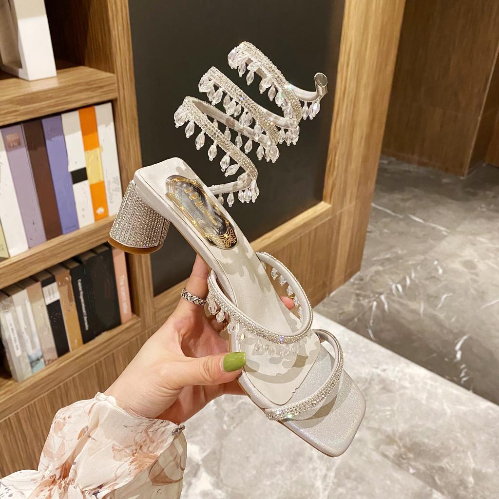Summer Women's Sandals Luxury Club Square Toe Pendant Rhinestone Snake Pattern White Heel Sandals Wedding Party Shoes