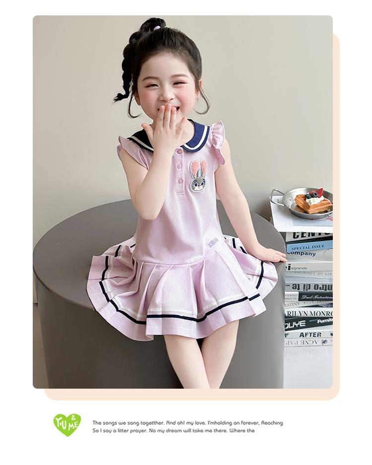 Girl Rabbit Police Officer Knitted Pleated Skirt Summer 2026 New Item Baby Girl Flying Sleeve Navy Collar Summer Dress Princess Skirt