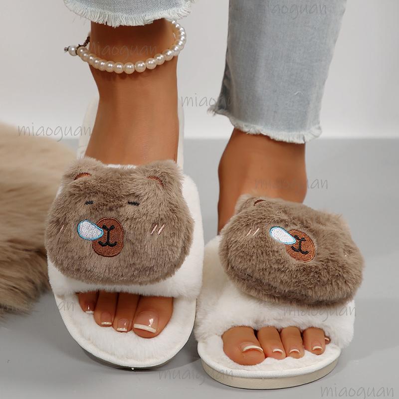 Winter Cute Cartoon Animal Plush Slippers for Women Comfortable Soft Sole Indoor House Shoes Woman Non Slip Fluffy Fur Slides