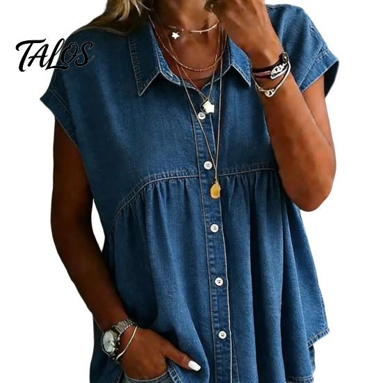 Women Shirt Denim Shirt, Lapel Short Sleeve Tops, Pure Color Relaxed Fit Tops Ruffle Splicing Casual for Work Parties Vacations Dates Summer