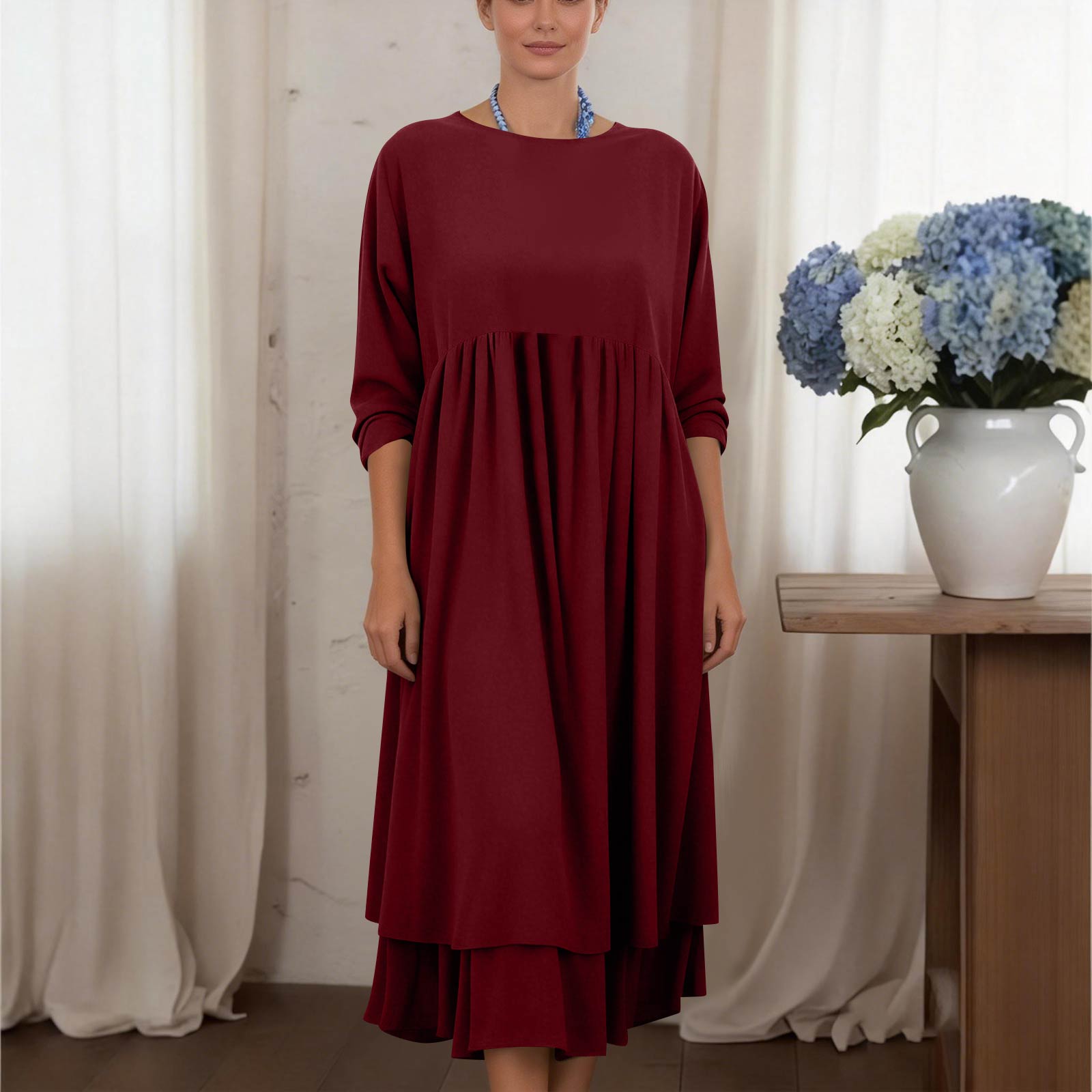 

Women s Fashion Casual Loose Fit Double Layer Hem Long Dress S червоний